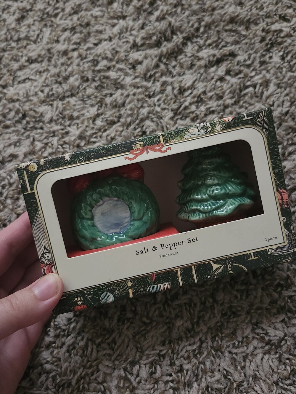 John Derian Holiday Wreath & Tree Stoneware Salt and Pepper Set - Green